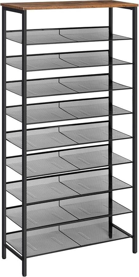 Schoenenrek 10-laags hoge schoenenrek grote schoenenkast voor 27-36 paar schoenen met platte en kantelbare planken ruimtebesparend voor hal ingang donkerbruin-zwart EBF110XJ01