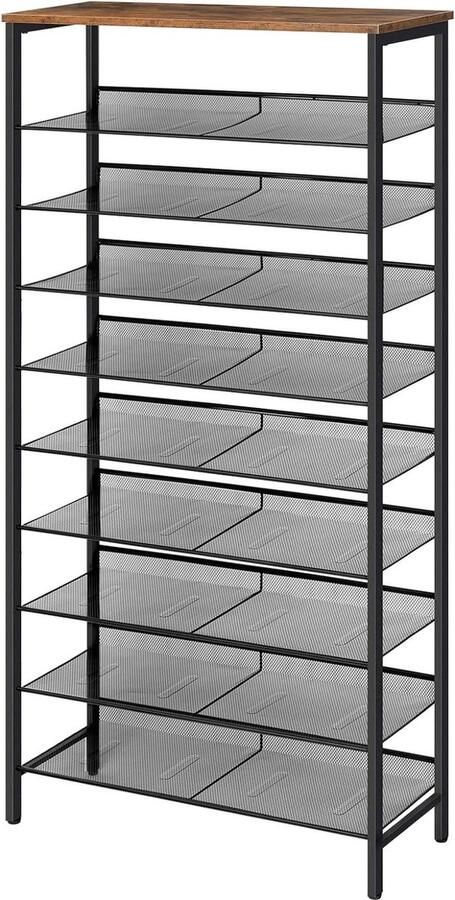 Schoenenrek 10-laags hoge schoenenrek grote schoenenkast voor 27-36 paar schoenen met platte en kantelbare planken ruimtebesparend voor hal ingang donkerbruin-zwart