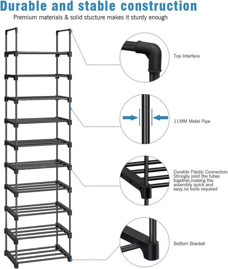 Schoenenrek 10 laags hoog slank schoenenrek Ruimtebesparend metalen schoenenrek voor woonkamer slaapkamer (zwart)