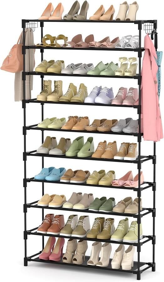 Schoenenrek 10 niveaus metalen schoenenkast voor 50 paar schoenen schoenenorganizer 155 cm hoog schoenenopslag ruimtebesparend schoenenrek zwart voor hal woonkamer entree