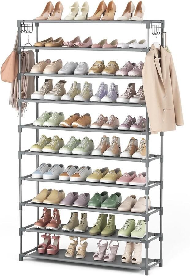 Schoenenrek 10 niveaus metalen schoenenkast voor 50 paar schoenen schoenenorganizer 155 cm hoog schoenenopslag ruimtebesparend schoenenrek grijs voor hal woonkamer entree