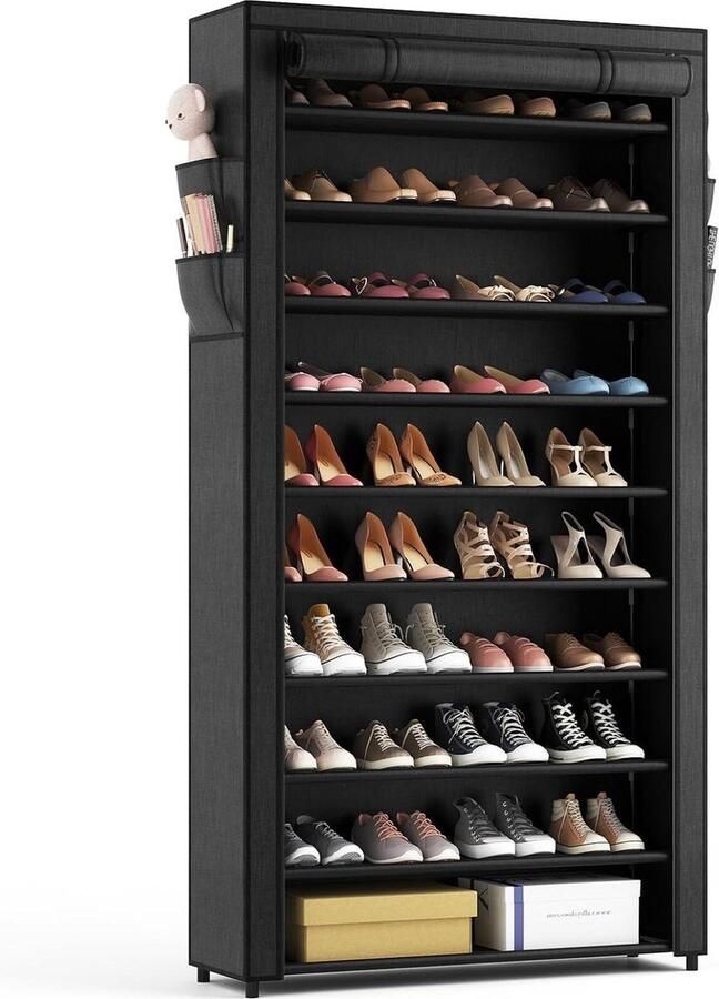 Schoenenrek 10 niveaus schoenenkast hoog 50 paar schoenen schoenenopslag stofdichte overtrek zwart metaal hal woonkamer