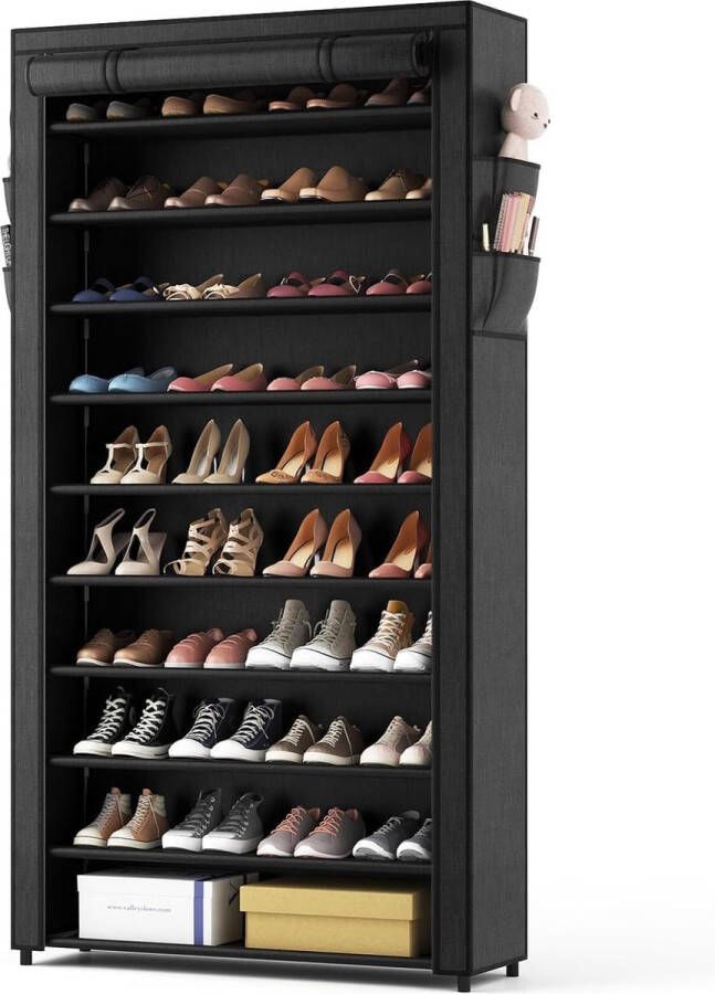 Schoenenrek 10 niveaus schoenenkast hoog voor 50 paar schoenen schoenenopslag met stofdichte overtrek schoenenorganizer metalen frame zwart voor hal woonkamer