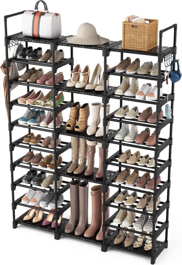 Schoenenrek 10 niveaus schoenenopslag doe-het-zelf metalen schoenenrekken opslag voor 54-62 paar schoenen ruimtebesparend staande plank schoenenkast met haken voor de ingang kleedkamer en gang