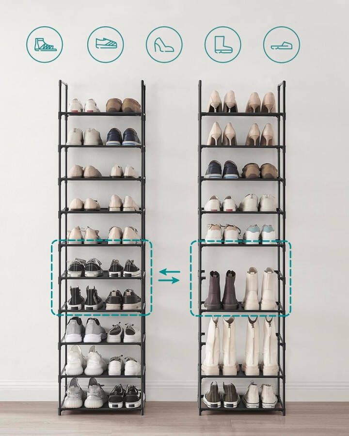 Schoenenrek 10 niveaus schoenenrek schoenenopberger smal 28 x 45 x 173 cm metalen frame planken van vliesstof voor hal slaapkamer grijs LSH010G01