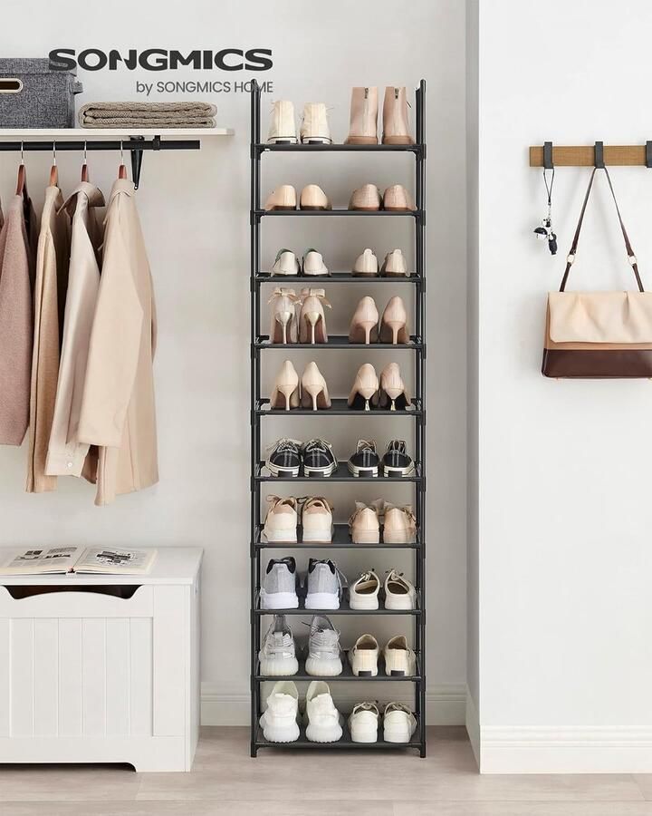 Schoenenrek 10 niveaus schoenenrek schoenenopberger smal 28 x 45 x 173 cm metalen frame planken van vliesstof voor hal slaapkamer zwart LSH010B02