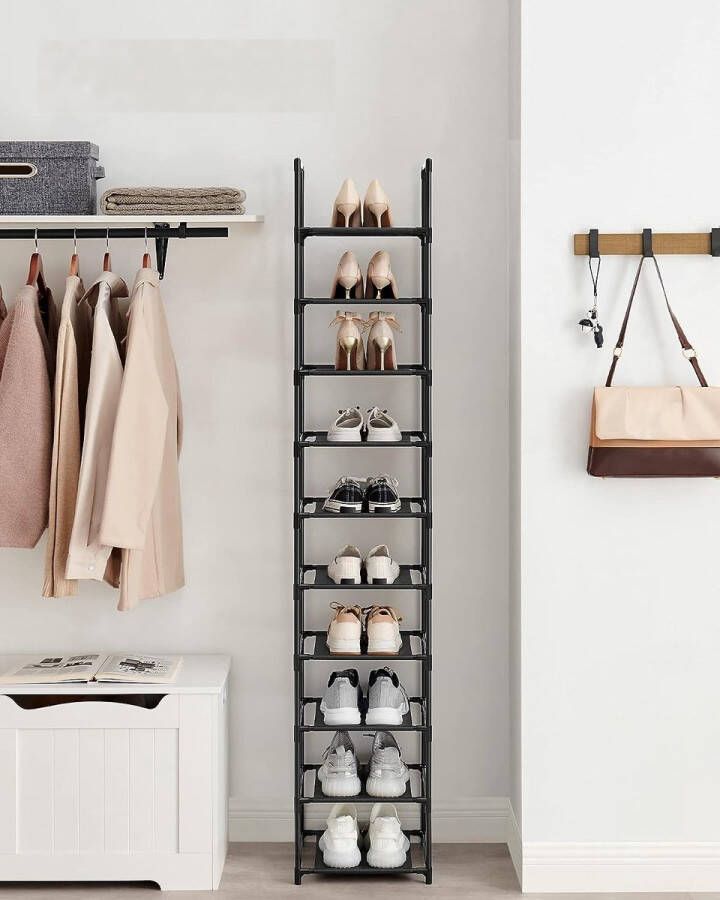 Schoenenrek 10 niveaus schoenenrek schoenenopberger smal 33 x 33 x 173 cm metalen frame planken van vliesstof voor hal slaapkamer zwart