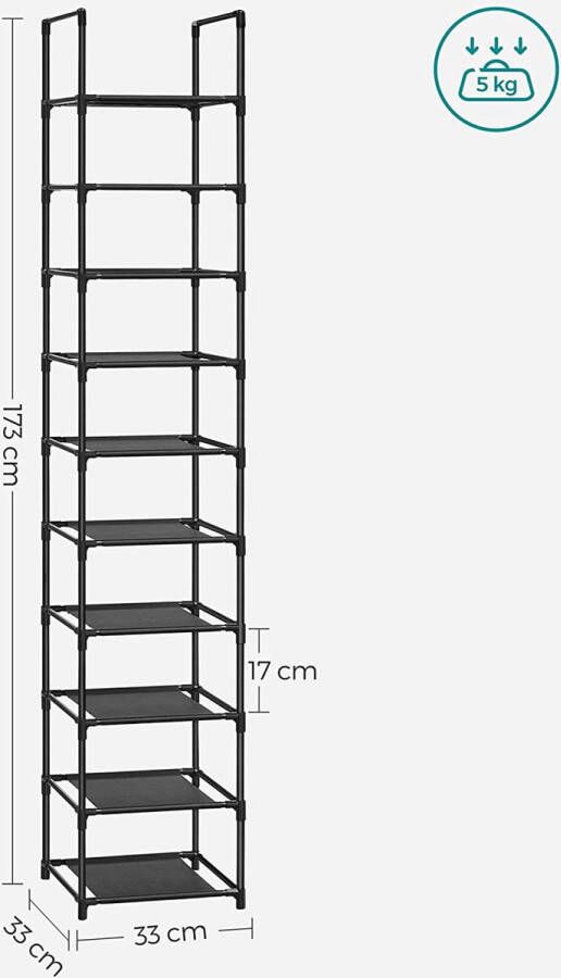 Schoenenrek 10 niveaus schoenenrek schoenenopberger smal 33 x 33 x 173 cm metalen frame planken van vliesstof voor hal slaapkamer zwart LSR110B02