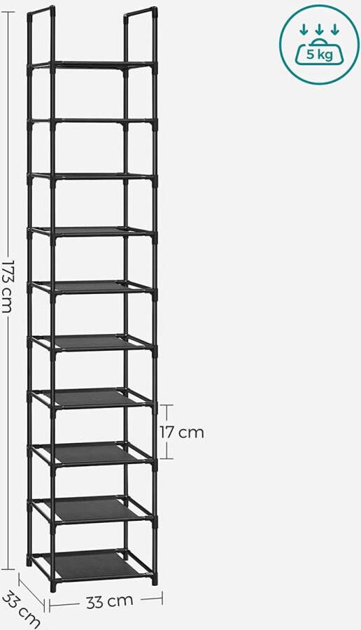 Schoenenrek 10 niveaus schoenenrek schoenenopberger smal 33 x 33 x 173 cm metalen frame planken van vliesstof voor hal slaapkamer zwart LSR110B02 - Foto 1