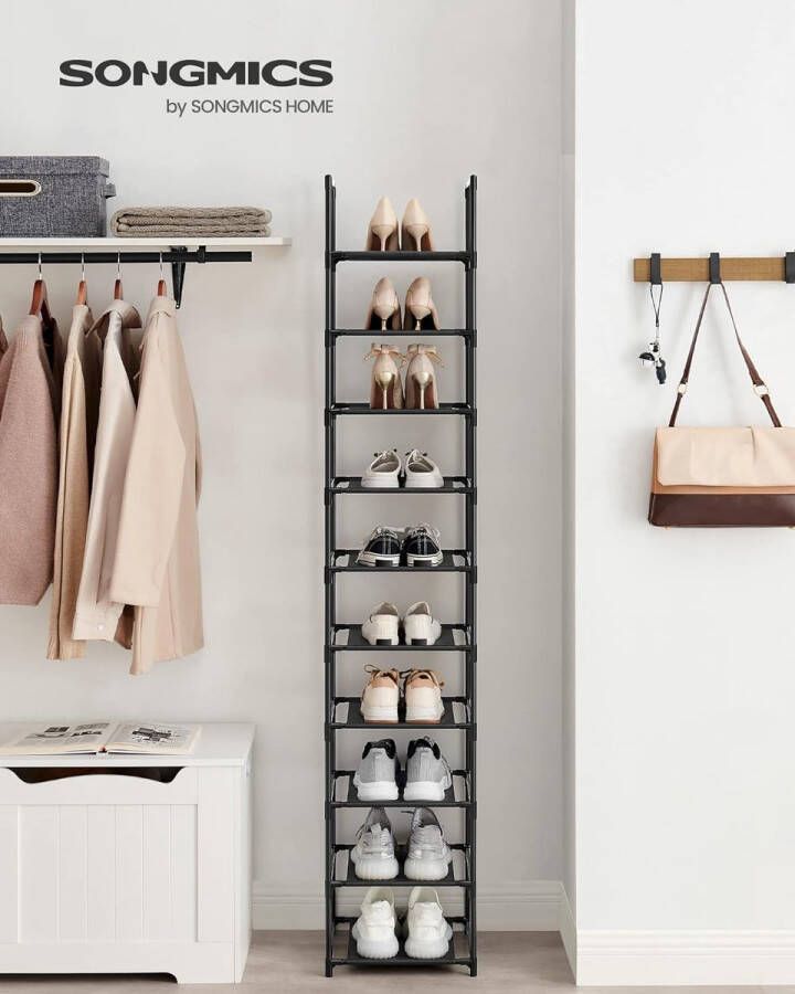 Songmics Schoenenrek 10 niveaus schoenenrek schoenenopberger smal 33 x 33 x 173 cm metalen frame planken van vliesstof voor hal slaapkamer zwart LSR110B02