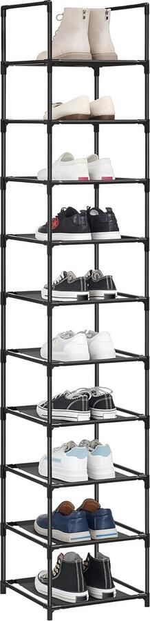 Schoenenrek 10 niveaus schoenenrek schoenenopberger smal 33 x 33 x 173 cm metalen frame planken van vliesstof voor hal slaapkamer zwart