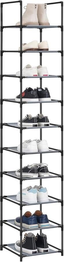Schoenenrek 10 niveaus schoenenrek schoenenopslag smal 33 x 33 x 173 cm metalen frame planken van vliesstof voor hal slaapkamer grijs