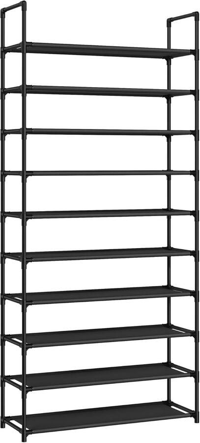 Schoenenrek 10 niveaus schoenenrek smal 28 x 83 x 173 cm metalen frame planken van vliesstof voor hal slaapkamer zwart