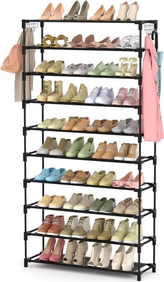 Schoenenrek 10 niveaus schoenenrek voor 50 paar schoenen schoenenorganizer opbergruimte voor hoge schoenen schoenenrek slank ruimtebesparend metalen frame planken van niet-geweven stof zwart