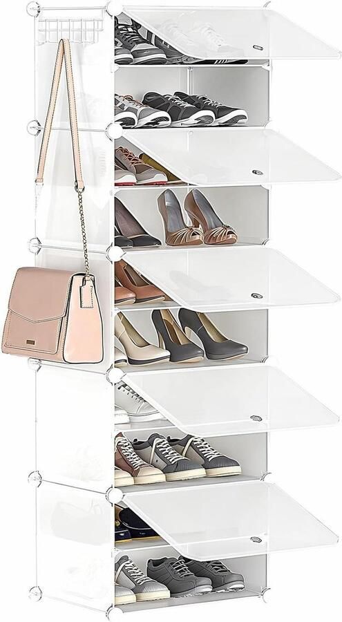Schoenenrek 10 niveaus smalle schoenenkast doe-het-zelf steekrek kunststof ingang wit