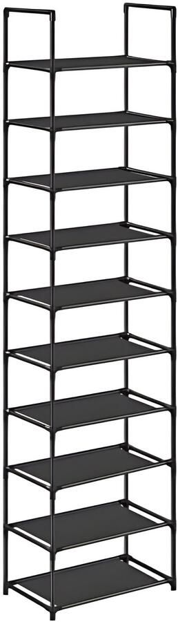 Schoenenrek 10 niveaus Staand schoenenrek met metalen frame en vliesstof planken Smal ontwerp 28 x 45 x 173 cm Voor hal slaapkamer of kleedkamer Zwart