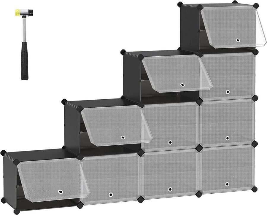 Schoenenrek 10 vakken smal met deuren stalen frame SONGMICS zwart entree schoenenkast 30 x 40 x 30 cm per vak kunststof voor hal slaapkamer