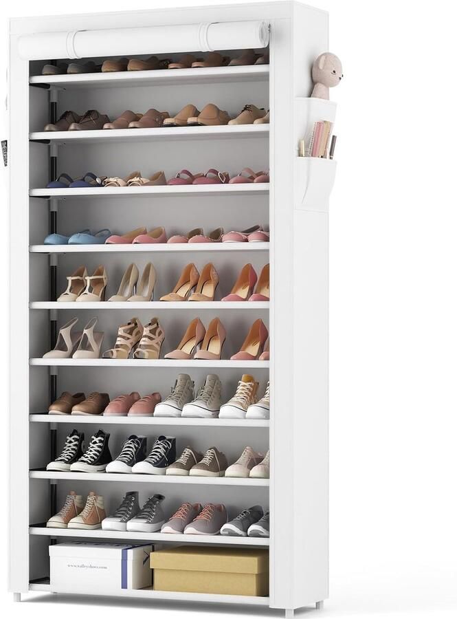 Schoenenrek 11 niveaus schoenenkast hoog voor 50 paar schoenen schoenenopslag met stofdichte overtrek schoenenorganizer metalen frame wit voor hal woonkamer