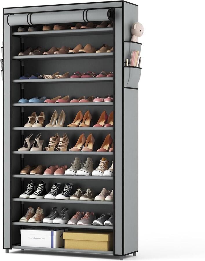 Schoenenrek 11 niveaus schoenenkast hoog voor 50 paar schoenen schoenenopslag met stofdichte overtrek schoenenorganizer metalen frame grijs voor hal woonkamer