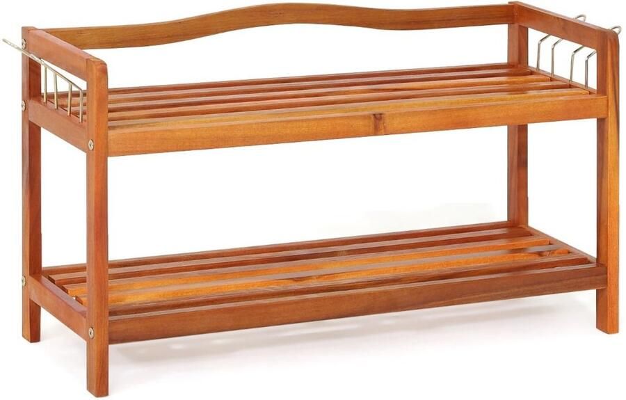 Schoenenrek 2 Lagen – Massief Acaciahout – Metalen Haken aan Zijkant – Voor 12 Paar – Bruin