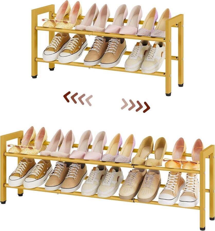 “Uitbreidbaar Schoenenrek – 2-Laags Verstelbare Schoenenorganizer van Metaal Vrijstaand Goud”
