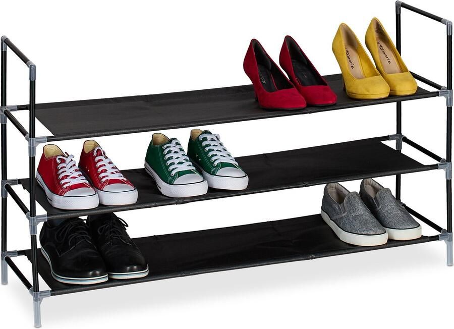 Relaxdays schoenenrek 3 etages 58x100x28 cm metalen frame stoffen planken zwart-transparant 3 etages