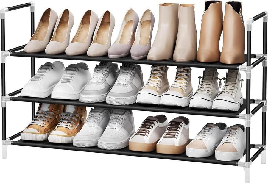 Schoenenrek met 3 Niveaus voor Ruimtebesparende Schoenenopslag met Metalen Frame en Niet-Geweven Stof Zwart