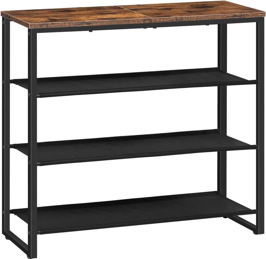 Schoenenrek 4-laags EBF47XJ01G1 – Industrieel rek met 3 Oxford stoffen planken & 1 houten paneel – Voor 12-16 paar schoenen – Rustiek bruin