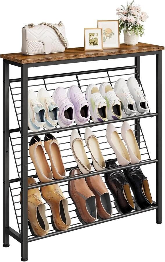 Schoenenrek 4-laags plank schoenenopbergruimte voor XXX paar schoenen schuin met houten bovenkant en metalen gaasplanken industriële stijl voor entree gang vintage bruin-zwart