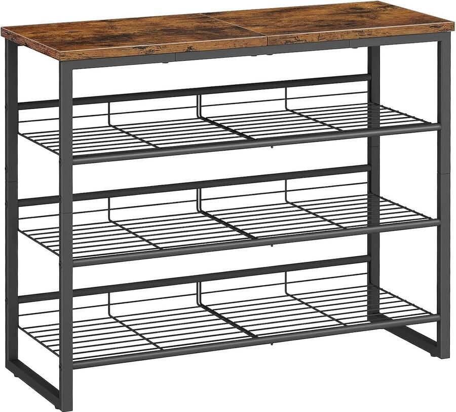 Schoenenrek 4-laags schoenenorganizer voor 12-16 paar verstelbaar industrieel schoenenrek 75 x 29 x 59 cm rustiek bruin en zwart