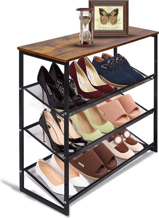 Schoenenrek 4-laags schoenenrek met metalen frame verstelbare gaasplanken ruimtebesparend voor entree hal woonkamer metaal industriële stijl vintage zwart
