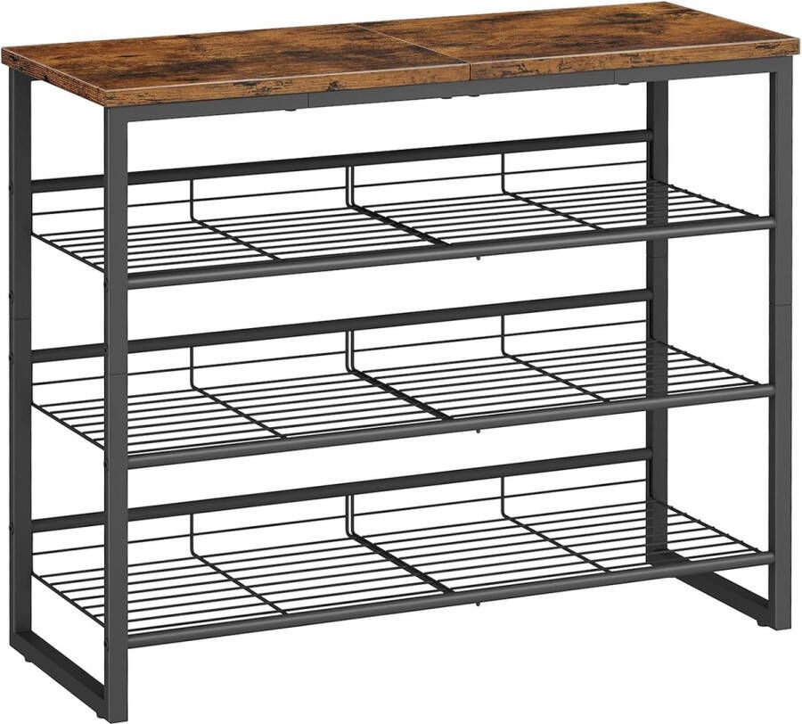 Schoenenrek 4-laags schoenorganizer schoenenopbergplanken voor 12-16 paar verstelbare metalen plank 75 x 29 x 59 cm industrieel schoenenrek voor toegang rustiek bruin en zwart