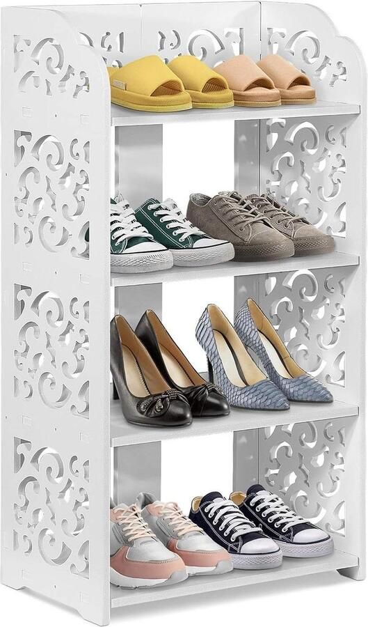 Schoenenrek 4 niveaus composiet houten opbergmeubel wit opengewerkt woonkamer badkamer 40 x 23 x 71 cm