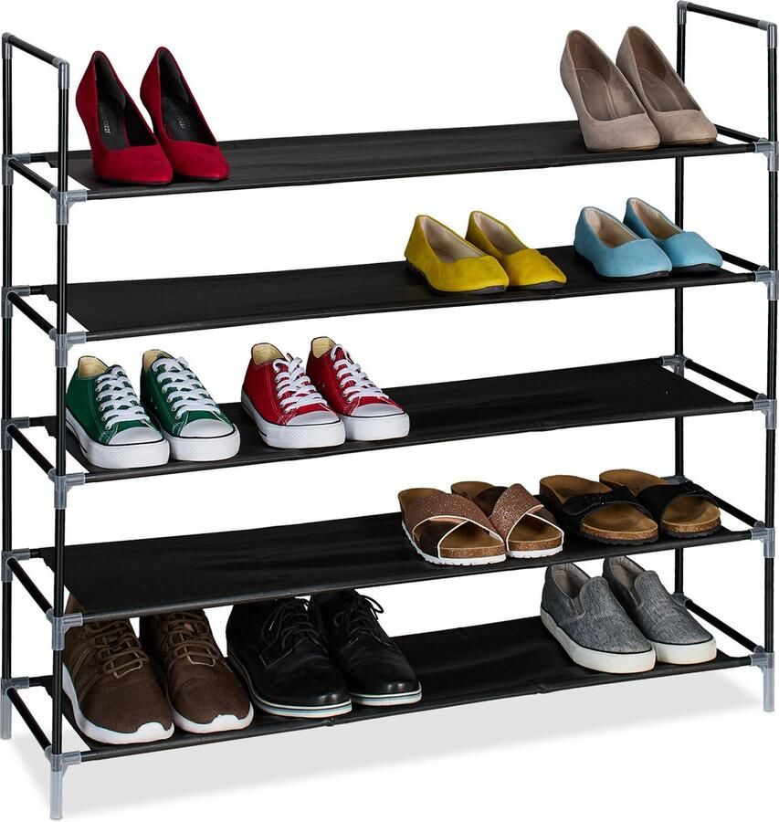 Relaxdays schoenenrek 5 etages 91x100x28 cm metalen frame stoffen planken zwart-transparant 5 etages