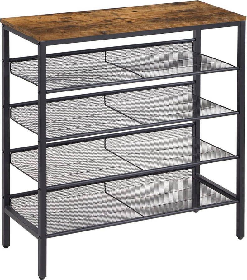 Schoenenrek 5-laags schoenenkast verstelbare roosterplanken stabiel en ruimtebesparend hout en metaal entree woonkamer hal industrieel ontwerp vintage