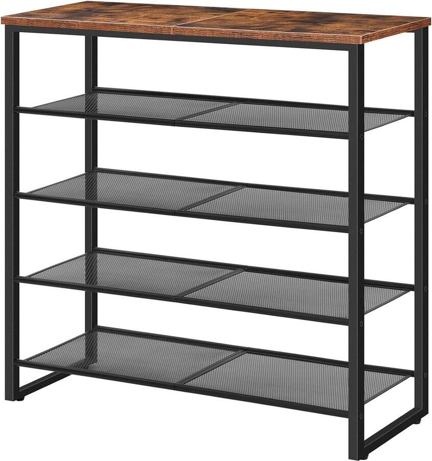 Schoenenrek 5-laags schoenenrek voor 16-20 paar Ruimtebesparende schoenenorganizer voor toegang woonkamer Industriële schoenenkast met metalen frame in vintage bruin-zwart EBF58XJ01