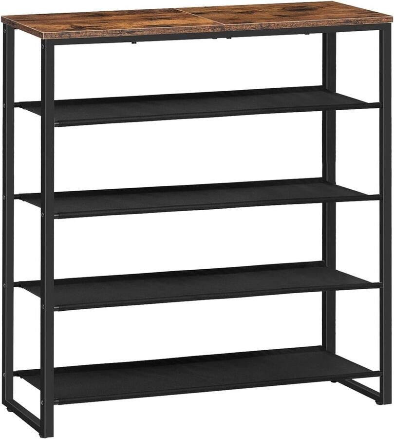 Schoenenrek 5-traps schoenenrek schoenenkast met 4 Oxford-stoffen niveaus en 1 paneelniveau voor 16-20 paar voor entree hal industriële stijl rustiek bruin
