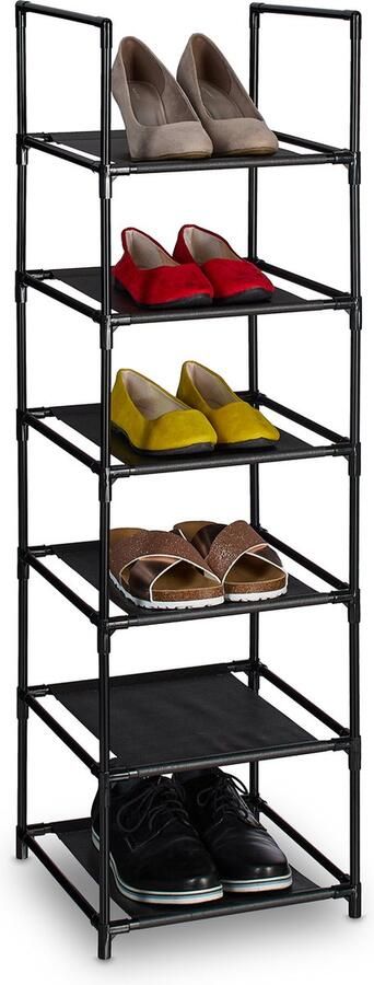 Relaxdays schoenenrek 6 etages 106x33x33 cm smal metalen frame stoffen planken zwart-grijs 6 etages
