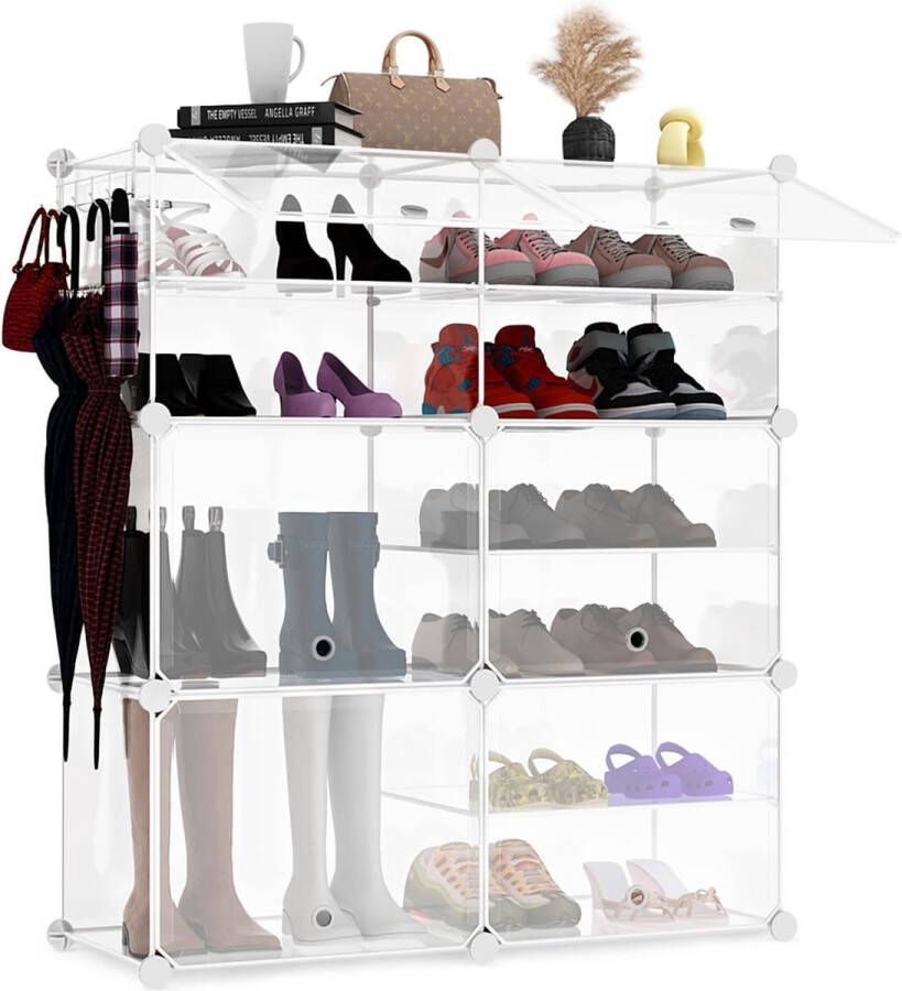 Schoenenrek 6-laags kunststof schoenenrek met deur voor 24 paar schoenen en laarzen stapelbare schoenenkast voor hal slaapkamer kledingkast entree