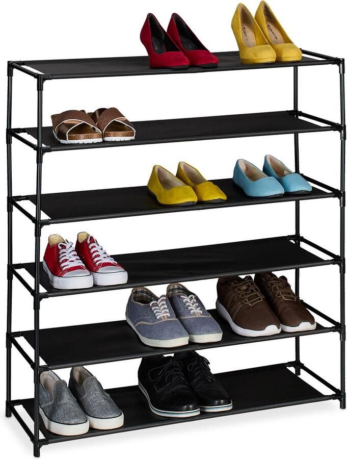 Relaxdays schoenenrek metaal en stof zwart opbergrek schoenen hal schoenenmeubel 6 etages