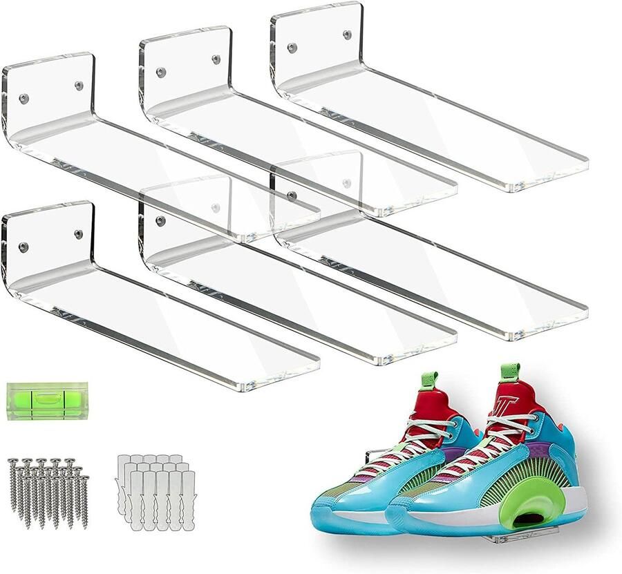 Schoenenrek 6 Stuks Zwevende Schoenenrekken Schoenen Opbergsysteem Transparant acryl Gemonteerd Op De Muur Schoenenrek Wandmontage Schoen Display Planken Schroefbevestiging Display Schoen en Sneaker