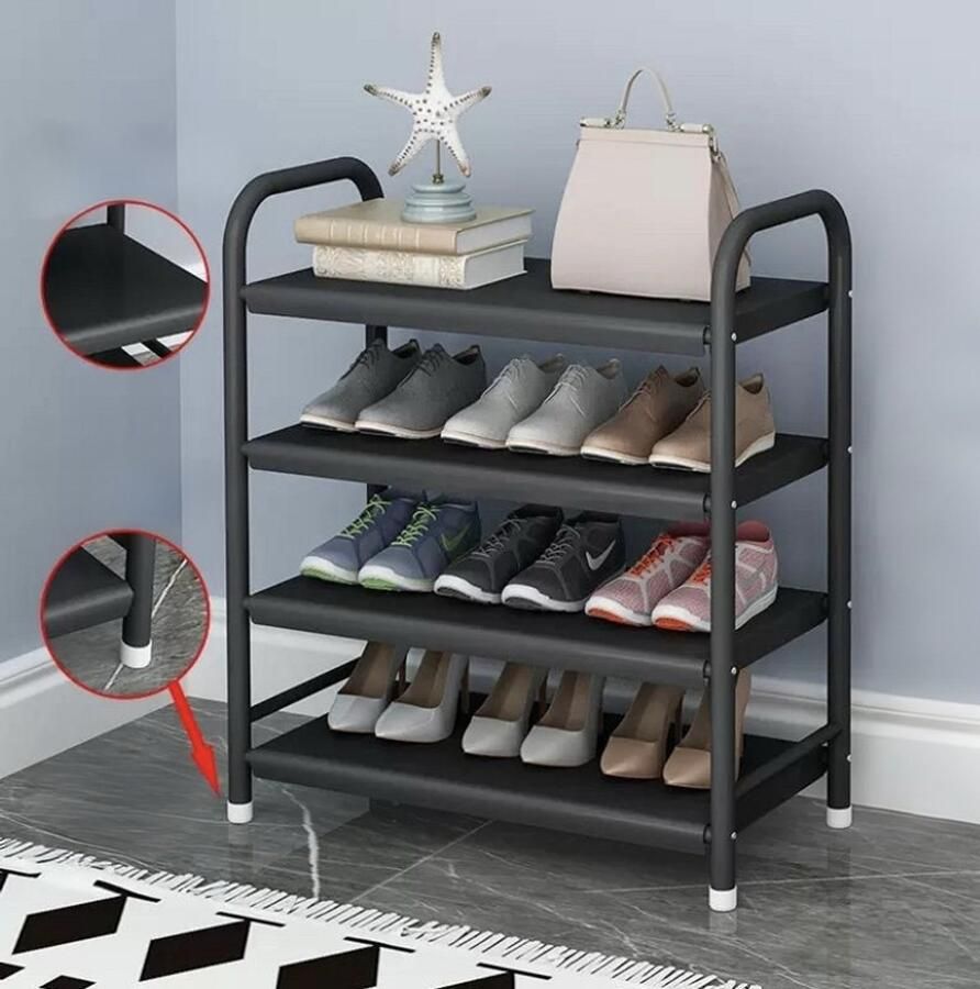 Schoenenrek 60 cm 4laags Kleur Zwart Schoenen Opbergruimte Opbergen