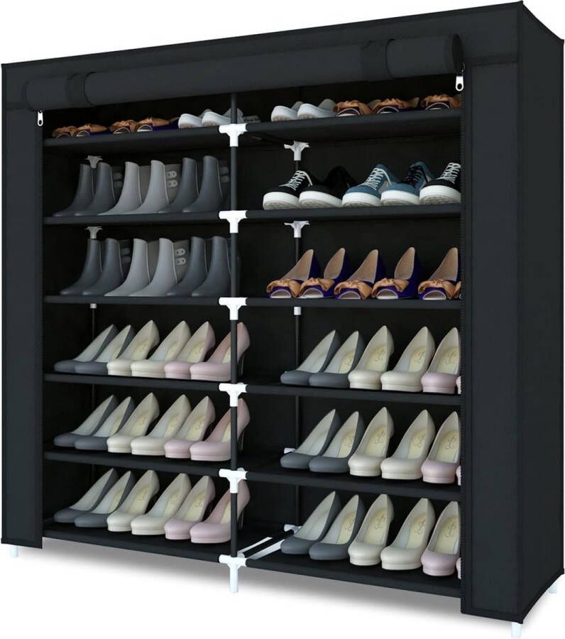 Schoenenrek 7-laags canvas schoenenkast schoenenrek staand voor woonkamer hal schoenenopbergorganizer voor 36 paar schoenen met stofdichte hoes 110 cm* 115 cm* 30 cm zwart