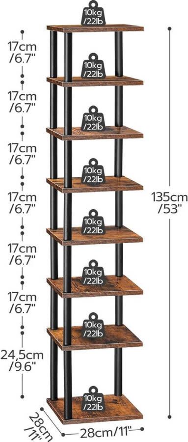 Schoenenrek 8-laags hoekschoenenrek slank schoenenrek schoenenkast schoenenstandaard hal slaapkamer vintage bruin-zwart EBF22XJ01