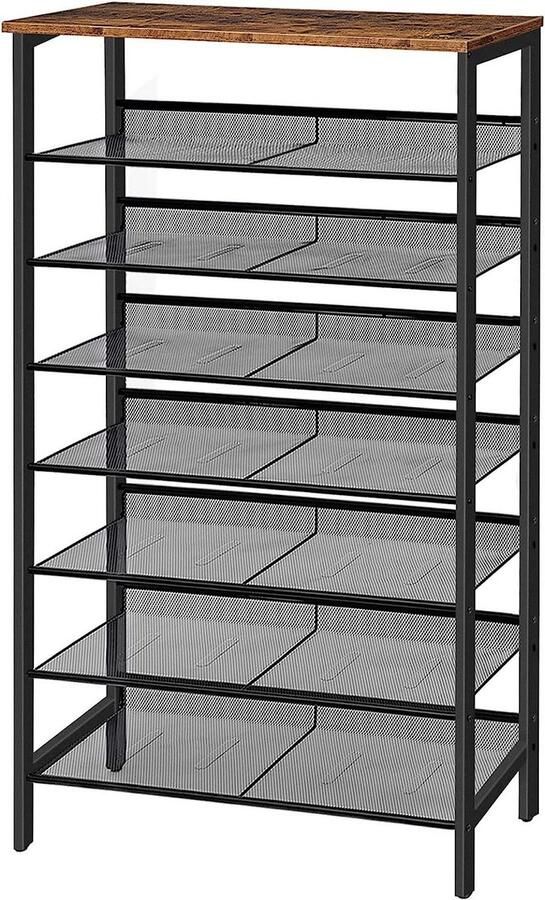 Schoenenrek 8 niveaus hoog smal 75 x 30 x 137 cm platte en kantelbare roosterplanken 24-32 paar schoenen entree hal vintage bruin-zwart
