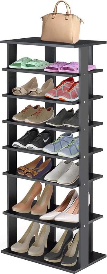 Schoenenrek 8 niveaus smal schoenenkast van hout in hoogte verstelbaar schoenenstandaard schoenenorganizer verticaal vrijstaand hoekrek staand rek voor ingang hal (zwart dubbel)