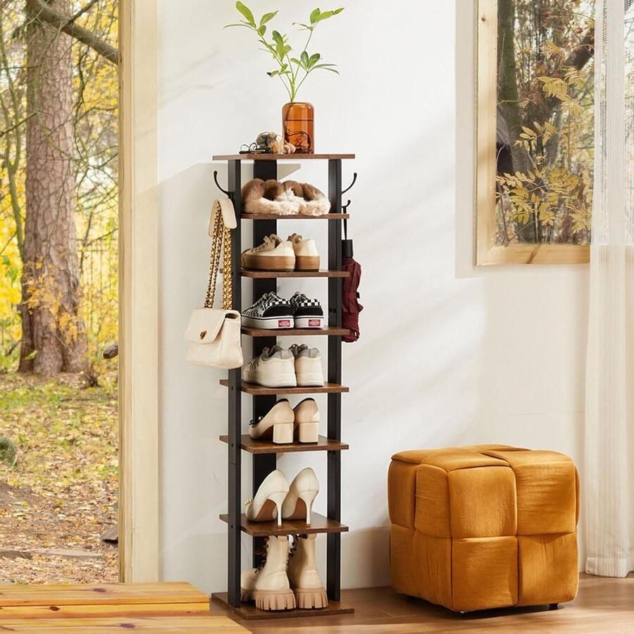 Schoenenrek 8 niveaus voor schoenenopslag met haken vintage bruin zwart Schoenenrek Houten hoge schoenenkast met metalen frame vintage bruin zwart Schoenenrek Schoenenstandaard voor ingang hal woonkamer vintage bruin zwart