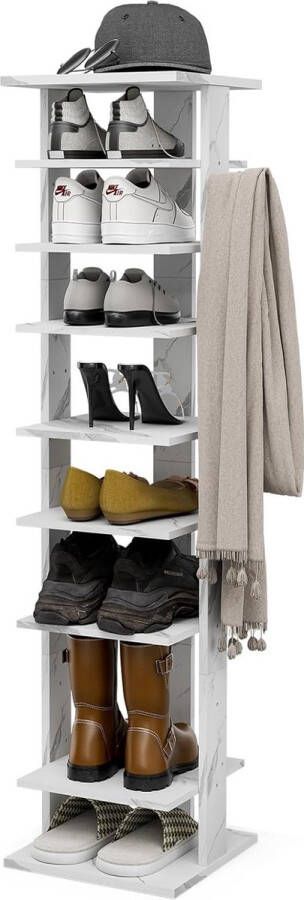Schoenenrek 8-traps schoenenopbergorganizer met haken hoge schoentoren slank staand schoenenrek Cubby-schoenenopslag voor entree kleine ruimtes kast (wit)