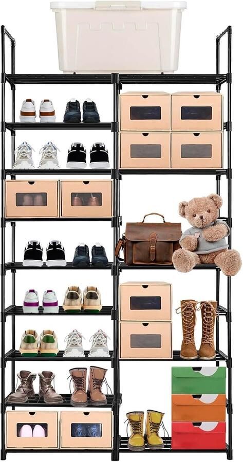 Schoenenrek 9 lagen 2 rijen metalen schoenenrek met veelzijdige haken ruimtebesparend snelle montage gratis doe-het-zelfcombinatie voor hal woonkamer slaapkamer 157 x 85 x 30 5 cm zwart