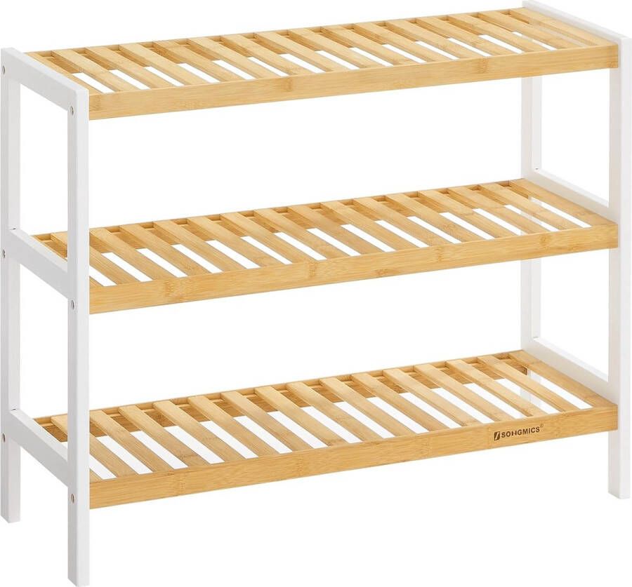 Schoenenrek bamboe 3 niveaus H x B x D: ca. 55 x 70 x 25 cm Schoenenkast Schoenenrek voor 12 paar schoenen Schoenenstandaard Schoenenrek wit-natuurlijke kleuren